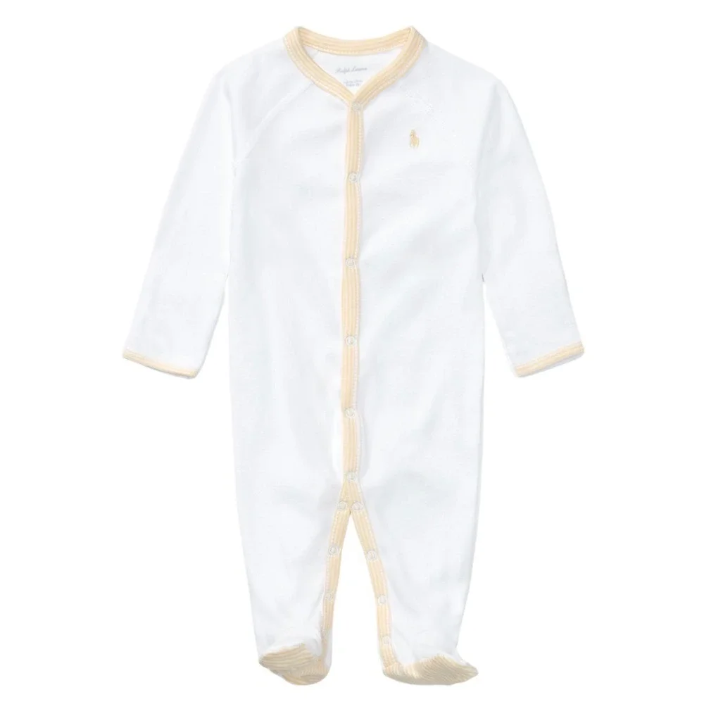 Ralph Lauren Baby White Yellow Striped Trim Footed Romper Sleeper 9M 9 Months